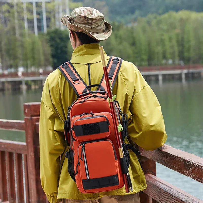 Orange durable Derm material outdoor hiking backpack with 20-35 litre capacity.