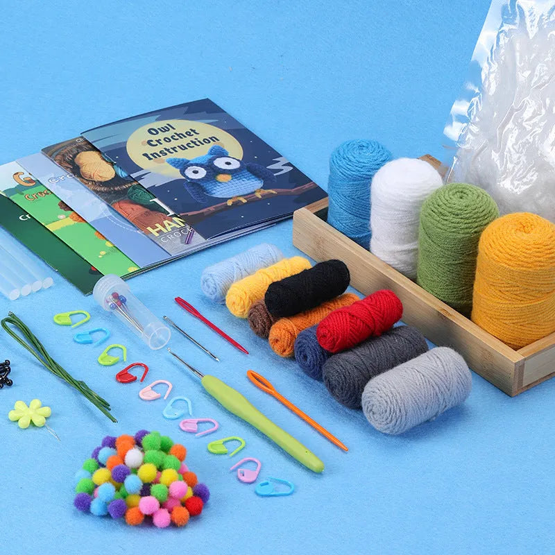 White yarn ball and blueyellow coaster crocheted material package with wool blend yarn