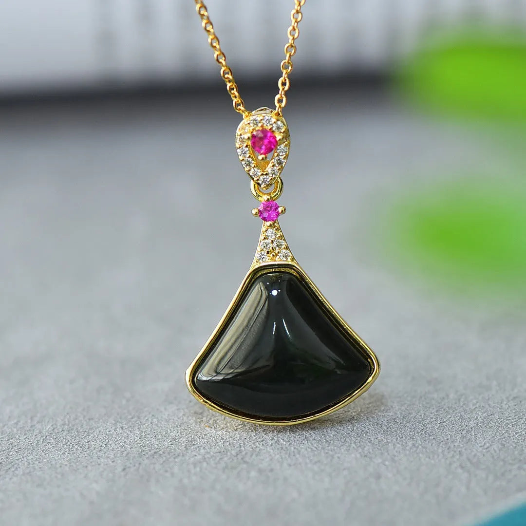 Flat natural grey Hetian jade pendant with copper inlay on a necklace chain, modern minimalist style.