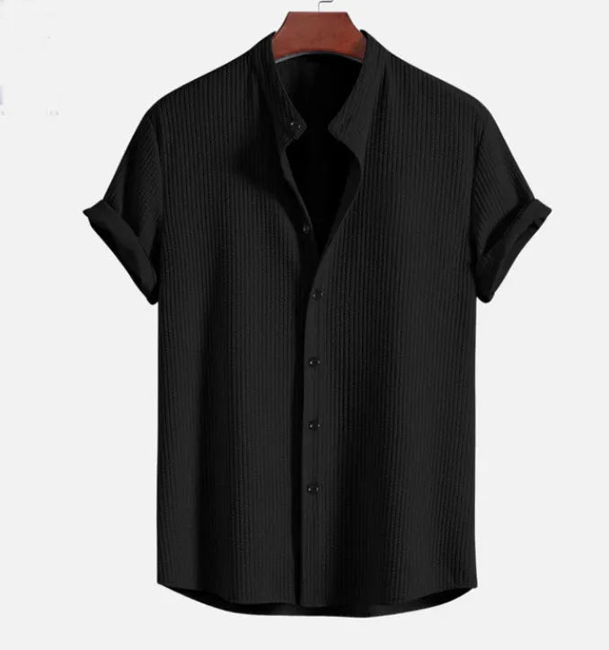 Men's loose fit short sleeve polyester shirt in multiple colour options showing Asian sizing