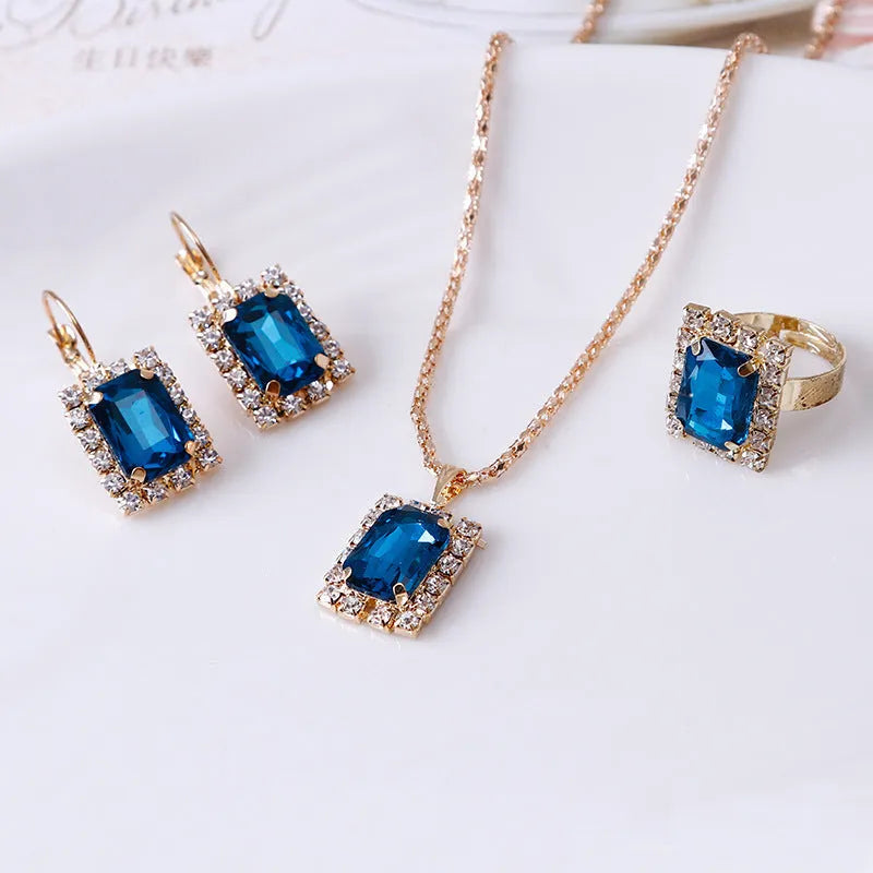Women's alloy crystal square three-piece jewellery set with necklace, earrings, and ring
