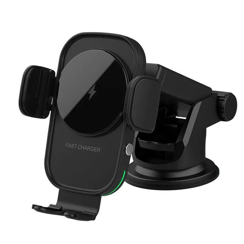 15W car wireless charger with automatic induction clamp, black finish, mounted on car vent with smartphone
