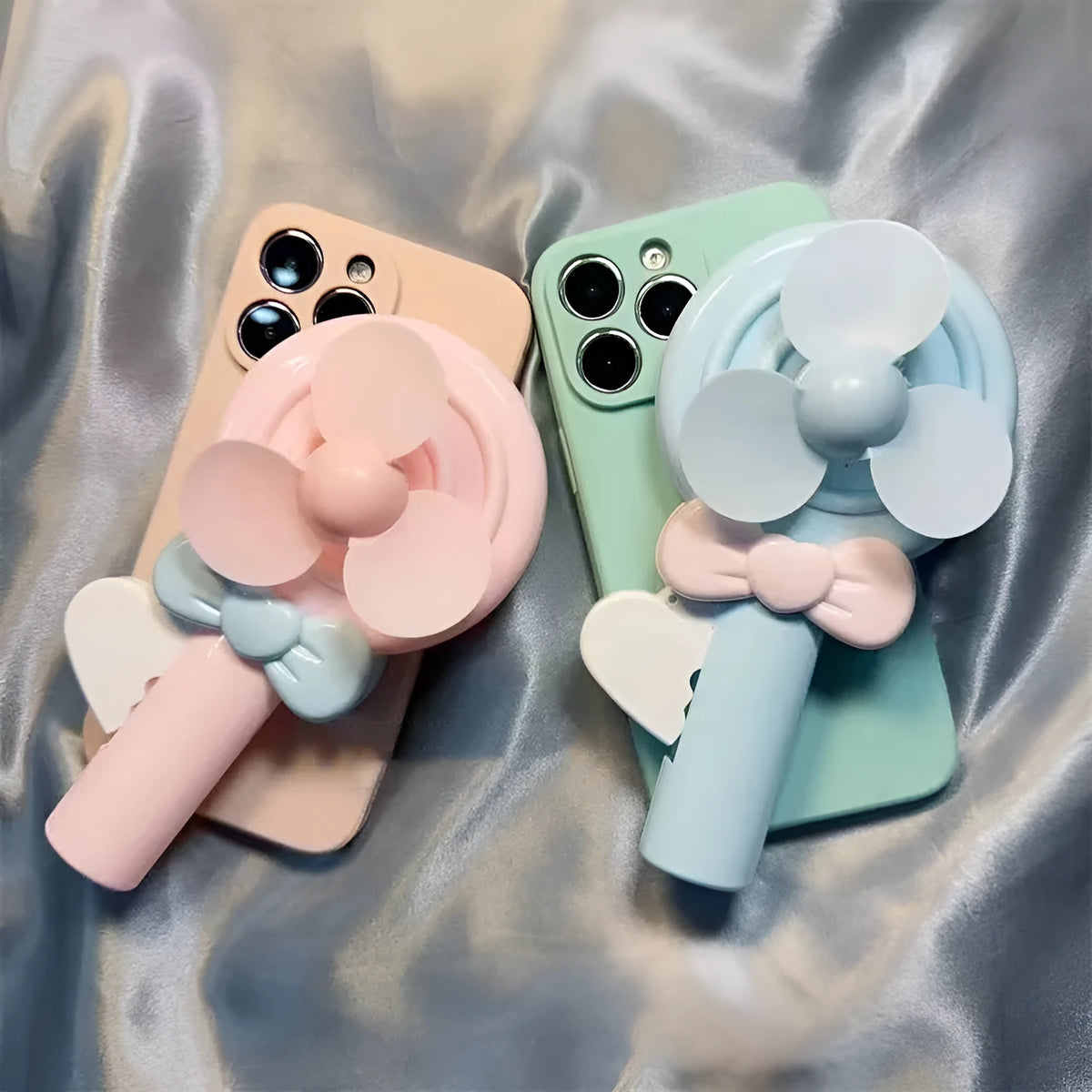 Lollipop hand fan iPhone case in cyan and pink, soft TPU drop-resistant cover for iPhone models