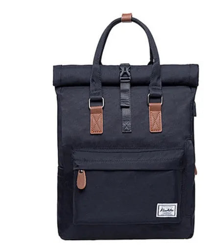 Black casual polyester backpack with cover opening, showing internal laptop sleeve and zipper pocket.