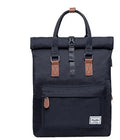 Black casual polyester backpack with cover opening, showing internal laptop sleeve and zipper pocket.