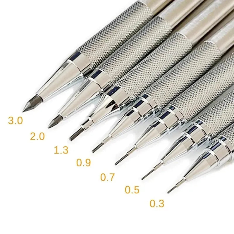Metal automatic mechanical pencil with multiple lead size options including 0.5mm and 2.0mm diameters