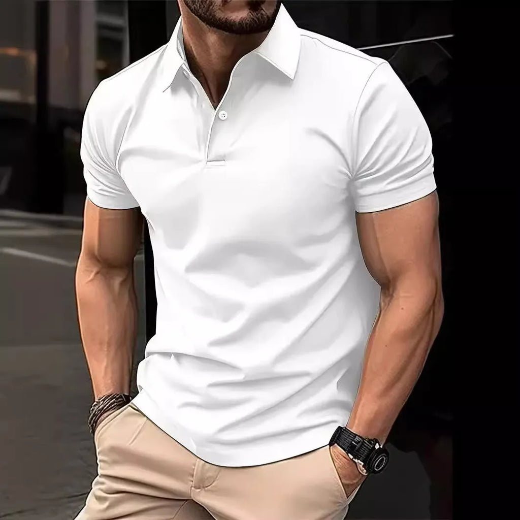 Men's solid colour short sleeve button-down shirt in slim fit on a hanger.