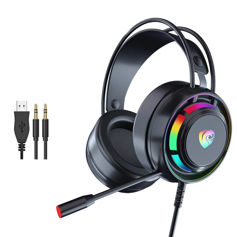 Black wired over-ear computer headphones with a microphone on a 2.2m cable, showing 3.5mm and USB plug options.