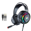Black wired over-ear computer headphones with a microphone on a 2.2m cable, showing 3.5mm and USB plug options.