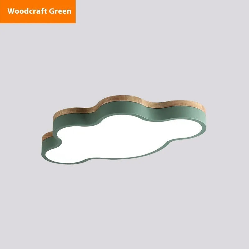 Cloud-shaped LED ceiling lamp with wooden finish in bedroom setting showing dimmable light options