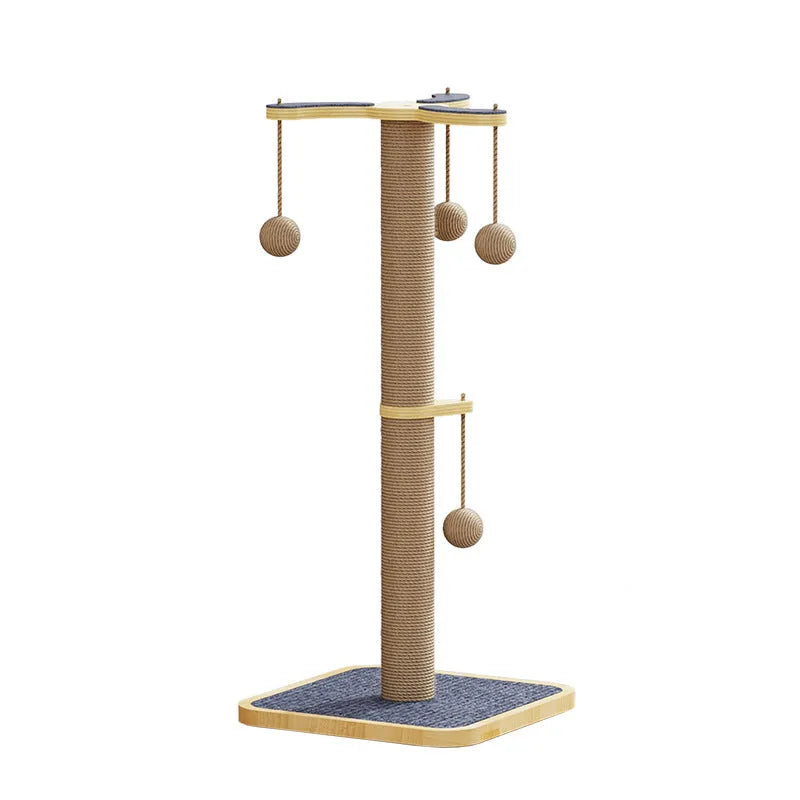 Windmill Hanging Ball Cat Climbing Frame, a 65cm tall pinewood tower with carpet leather and a dangling toy ball.