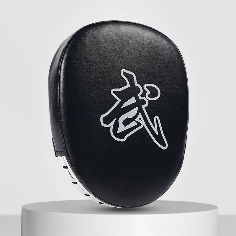 A pair of vertical boxing punch mitts or focus pads, showing curved and flat hand target design options in various colour combinations.