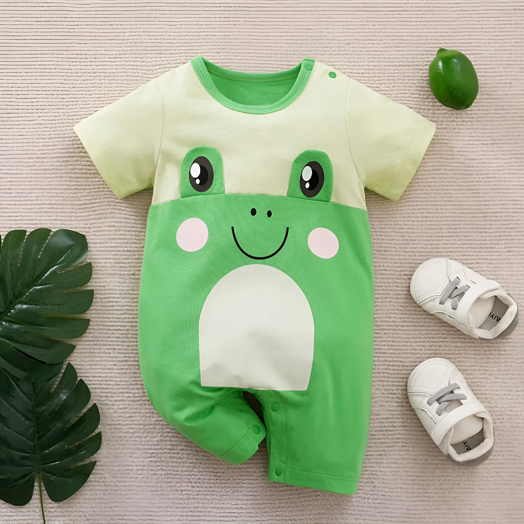 Cotton short sleeve baby romper with cartoon frog print, available in multiple sizes from 0-3 to 9-12 months