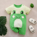 Cotton short sleeve baby romper with cartoon frog print, available in multiple sizes from 0-3 to 9-12 months