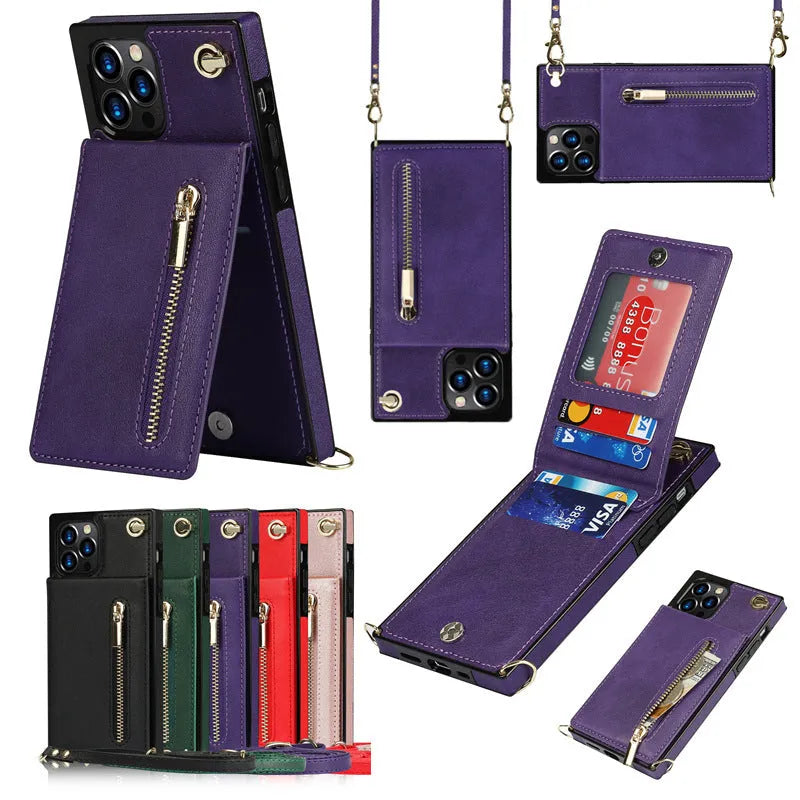 Black leather and TPU protective phone case for Samsung Galaxy or Apple iPhone models.