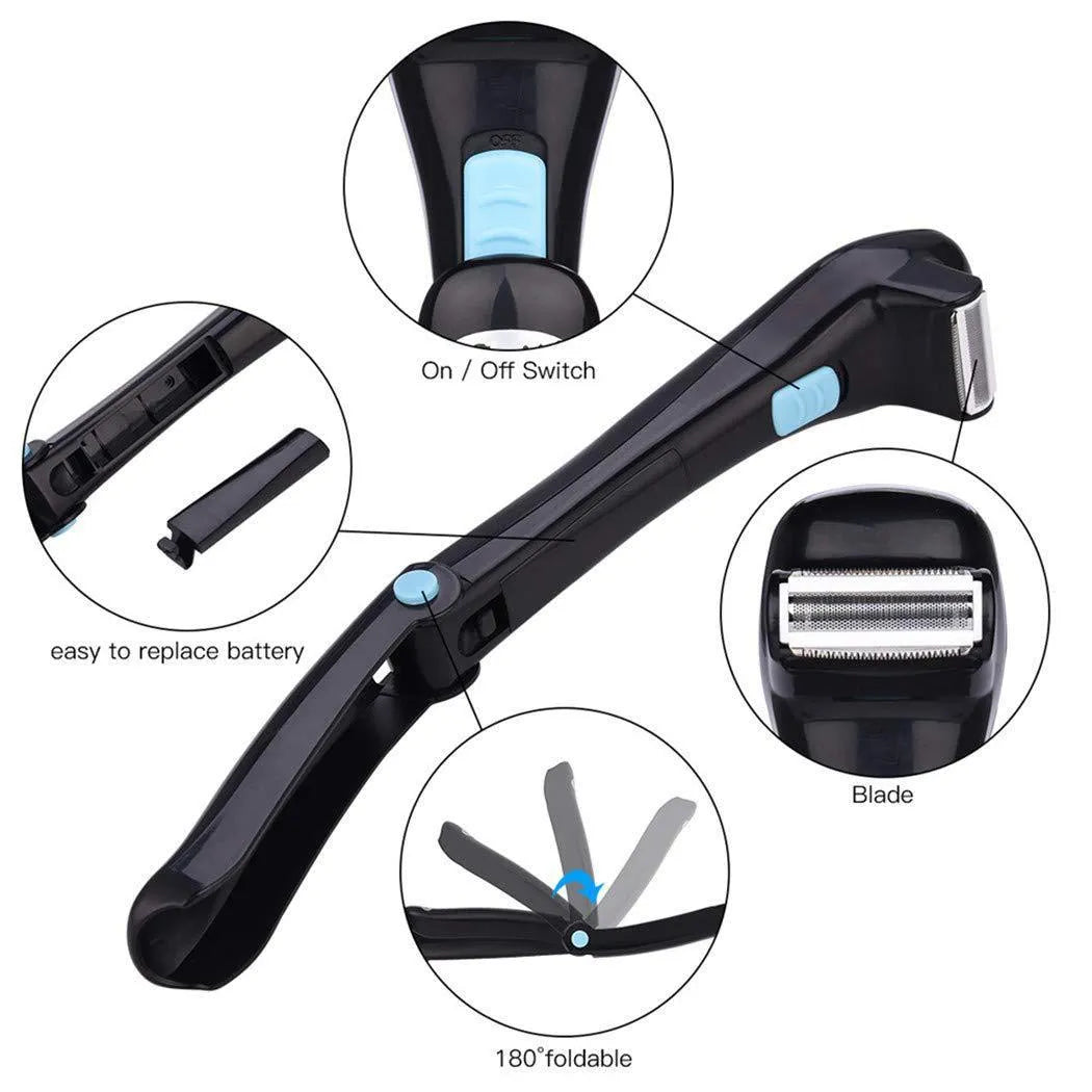 Black folding body electric shaver for whole body hair removal, uses AA batteries.
