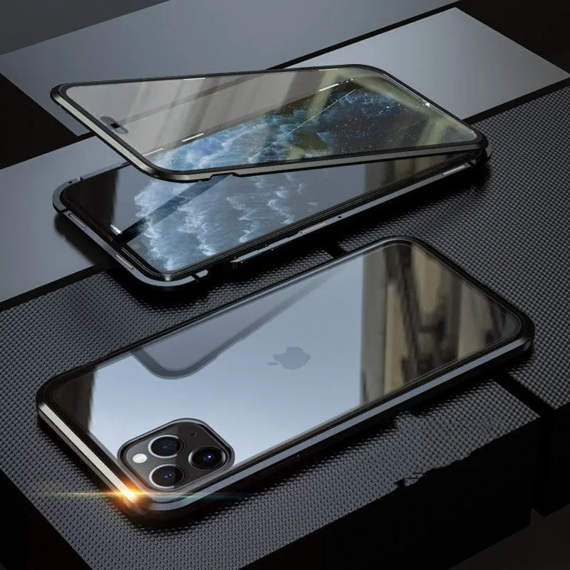 Closed black clamshell privacy case for iPhone showing front screen and sliding camera cover tabs.