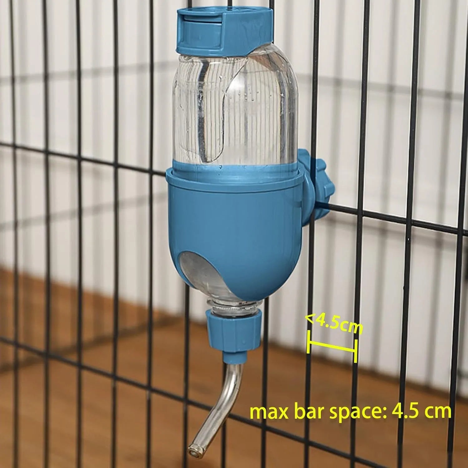 Blue small animal cage water bottle with stainless steel nozzle, shown next to a guinea pig.