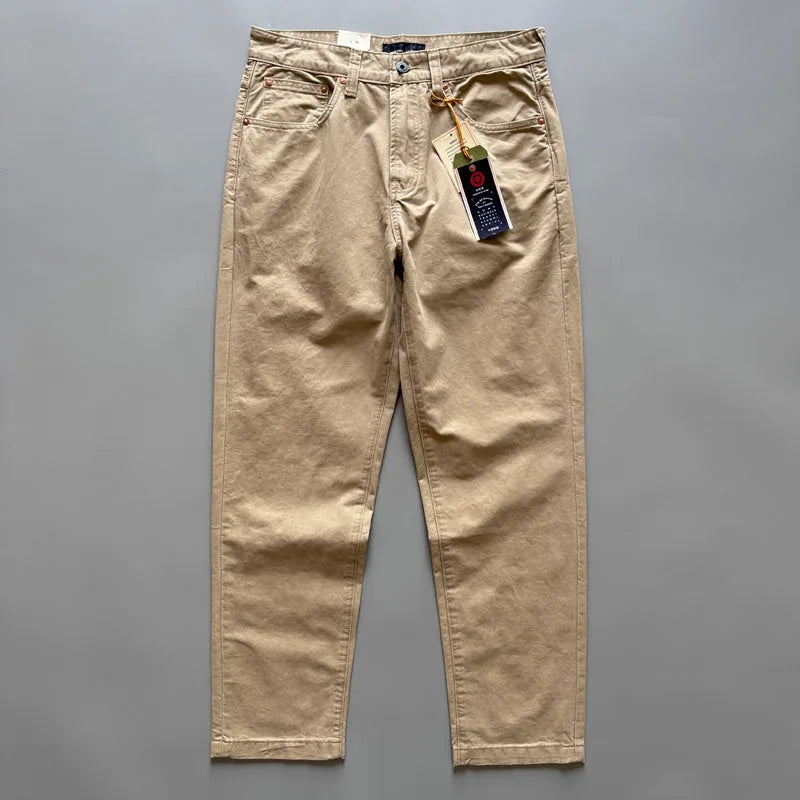 Men's straight-leg casual cotton trousers in grey, shown flat.