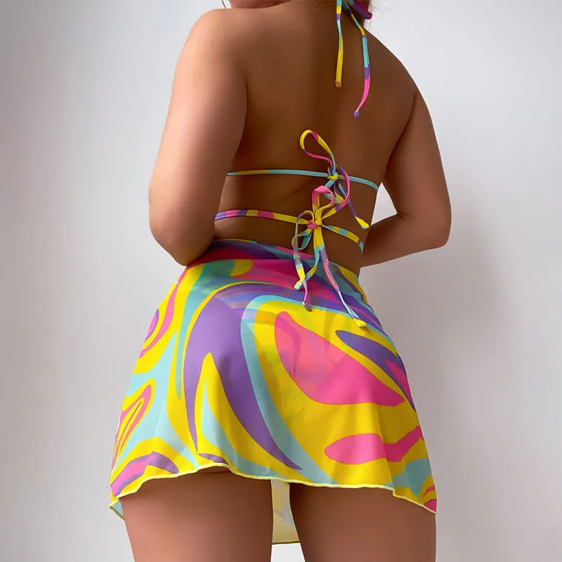 Yellow striped halter lace-up swimsuit set for women with matching skirt and shorts
