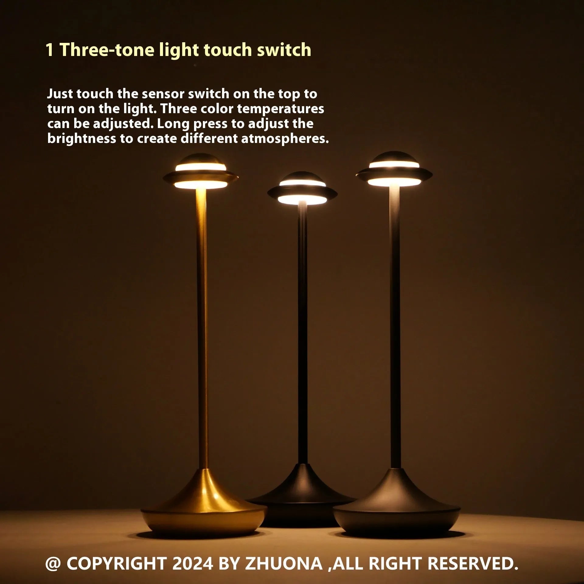 Modern UFO-shaped metal table lamp in black on a wooden desk, showing touch controls and soft glow.