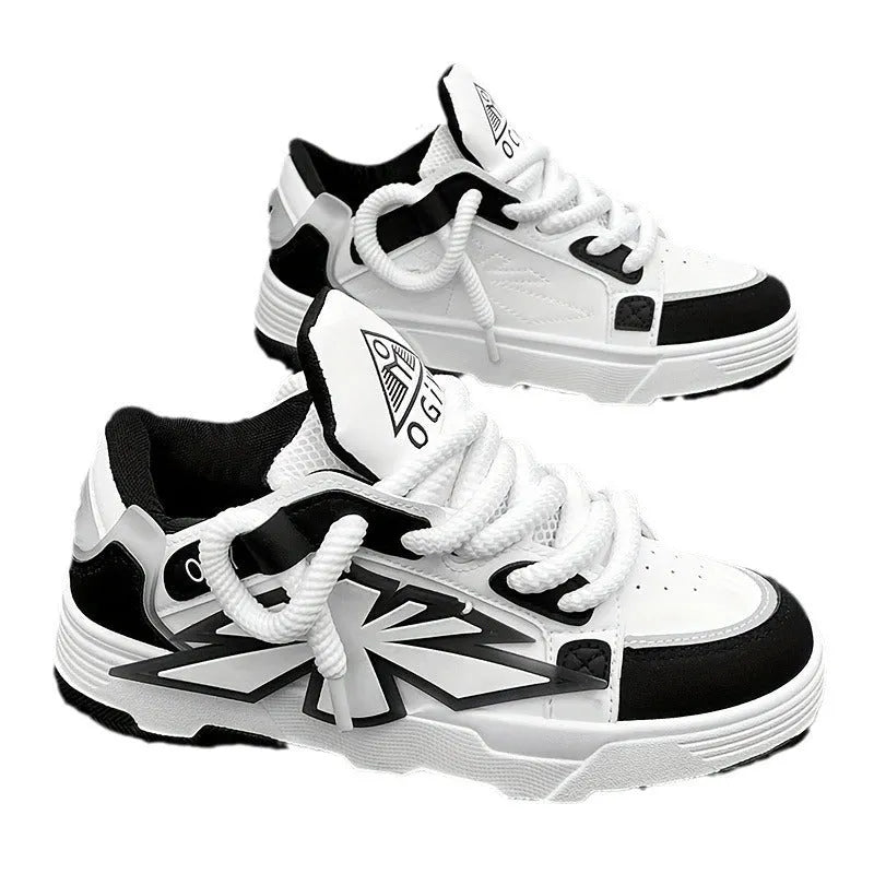 Men's thick-soled chunky sneakers in black with a round toe and front lace-up design.