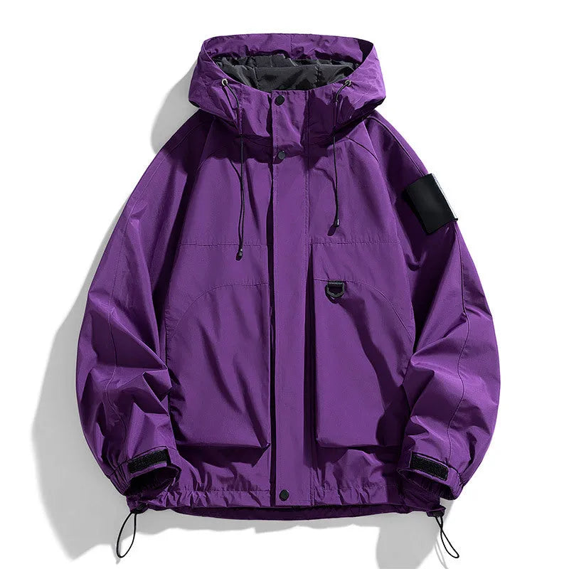 Men's black hooded waterproof jacket with long sleeves in a regular length