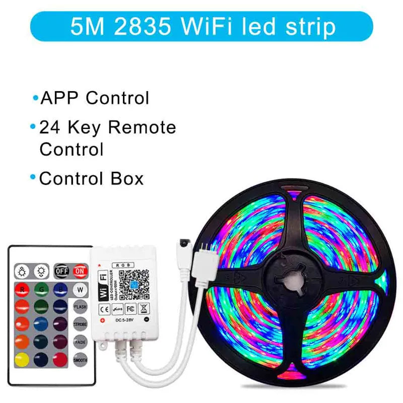 RGB LED light strip with 24-key WiFi controller, 2835 or 5050 LEDs, 5m to 20m lengths, non-waterproof