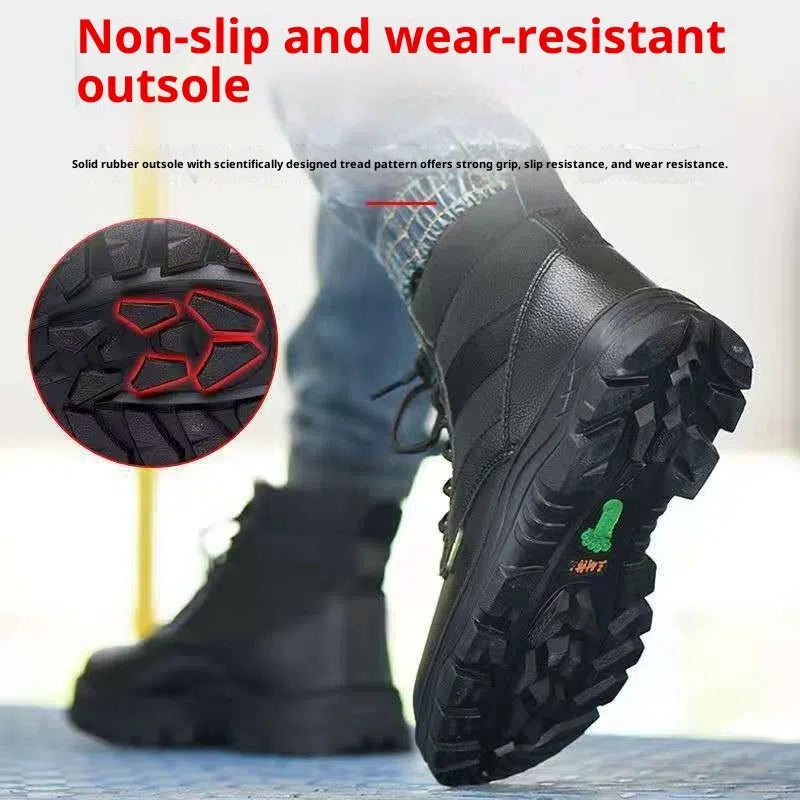 Black high-top leather safety shoes for men with steel toe cap, rubber outsole, and lace-up front