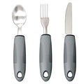 Stainless steel adaptive spoons with black rubber anti-shake handles, part of a rehabilitation cutlery set.