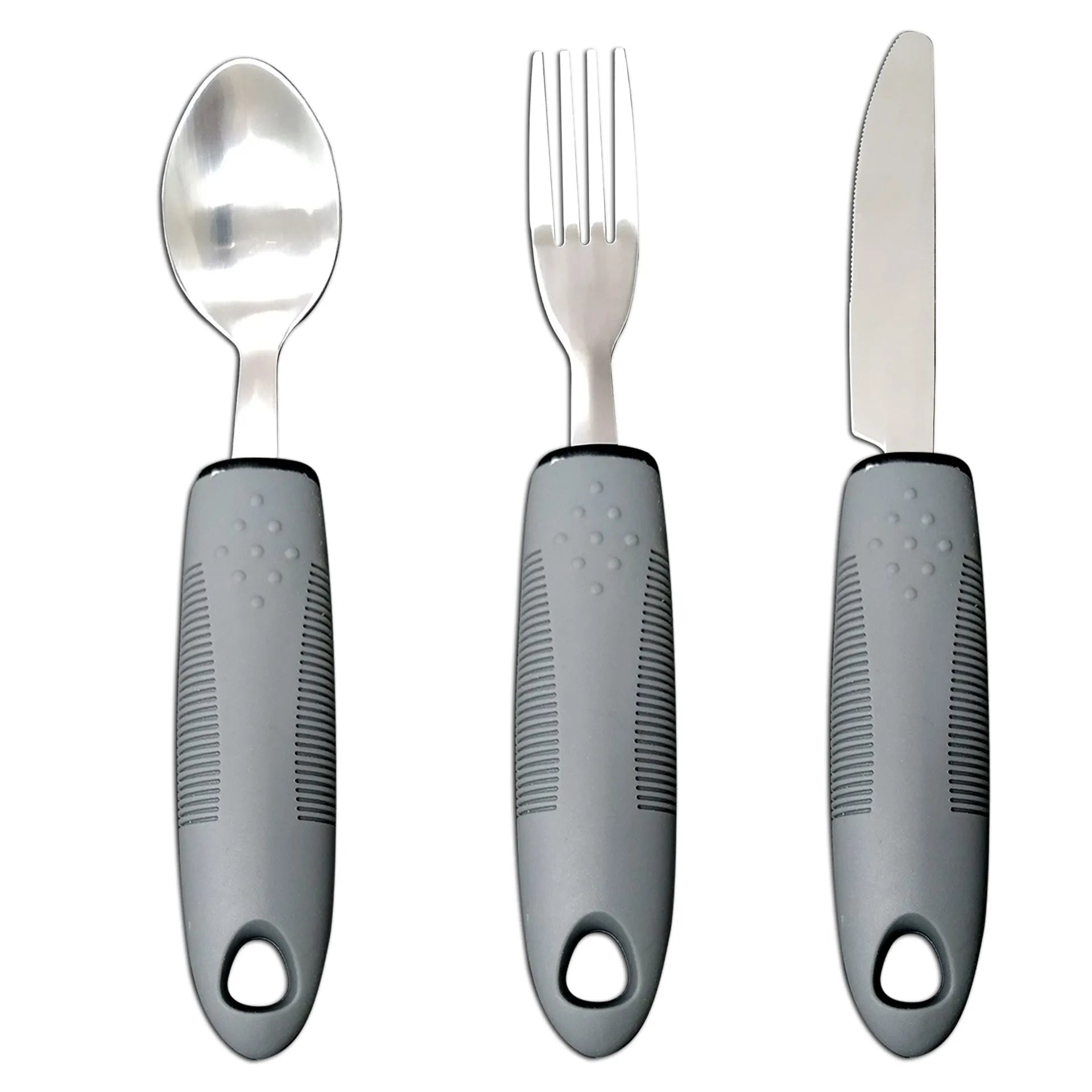 Stainless steel adaptive spoons with black rubber anti-shake handles, part of a rehabilitation cutlery set.