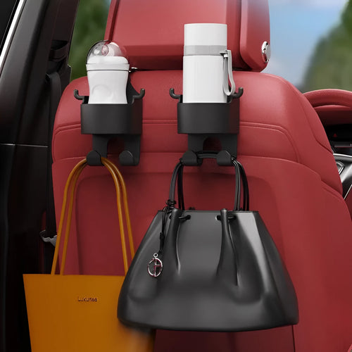 Black plastic car seat back organiser with integrated cup holder and hanging hook.