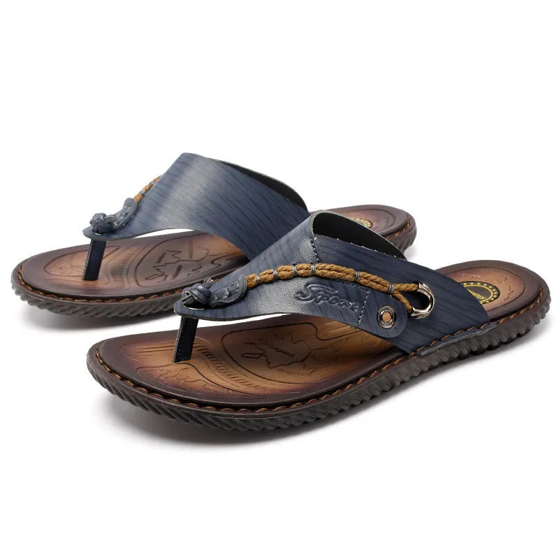 Men's non-slip casual slippers in black PU leather, showing sole tread and lightweight design.