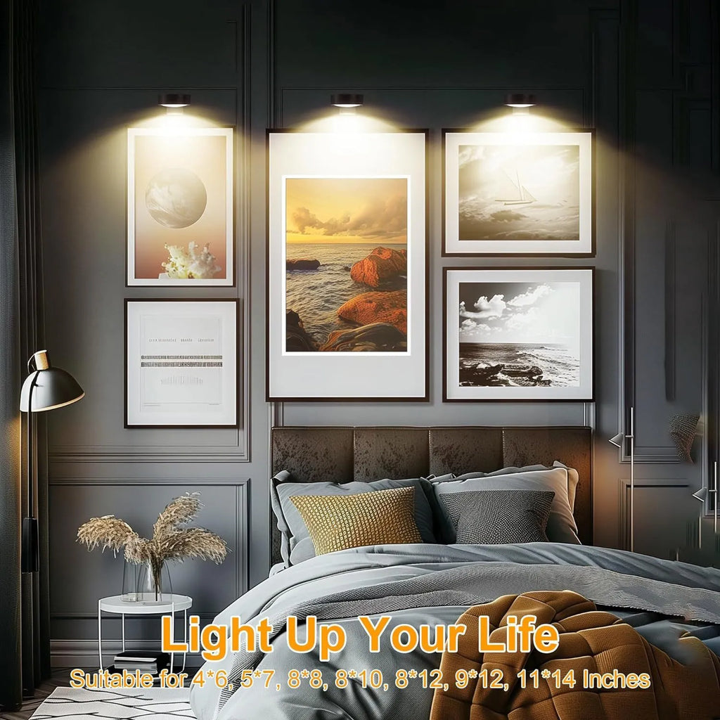 Black magnetic LED painting lamp with remote control on wooden surface