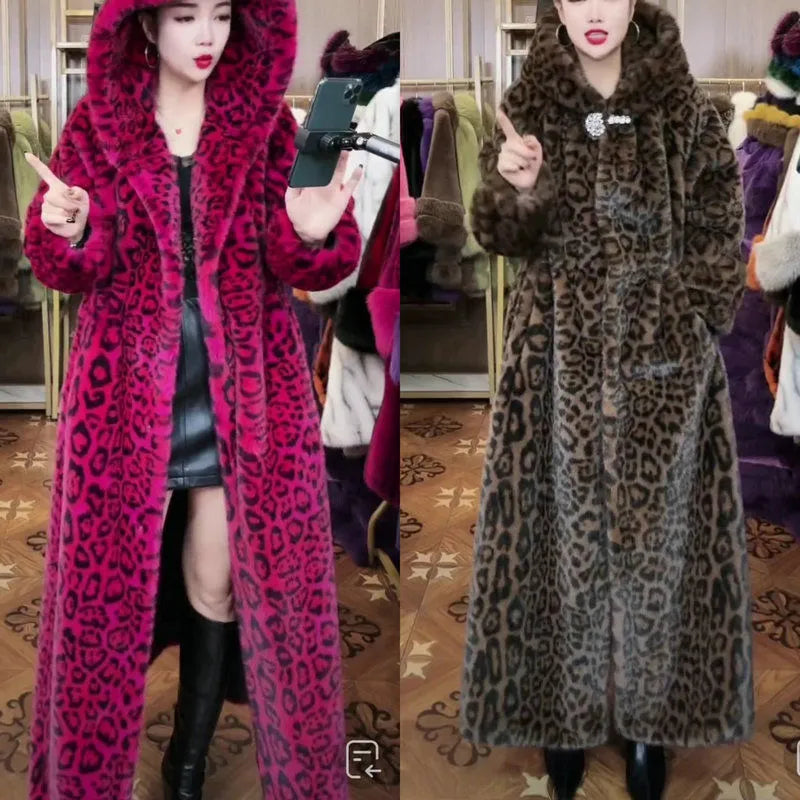 Long brown leopard print faux fur coat for women in a loose plus-size fit.