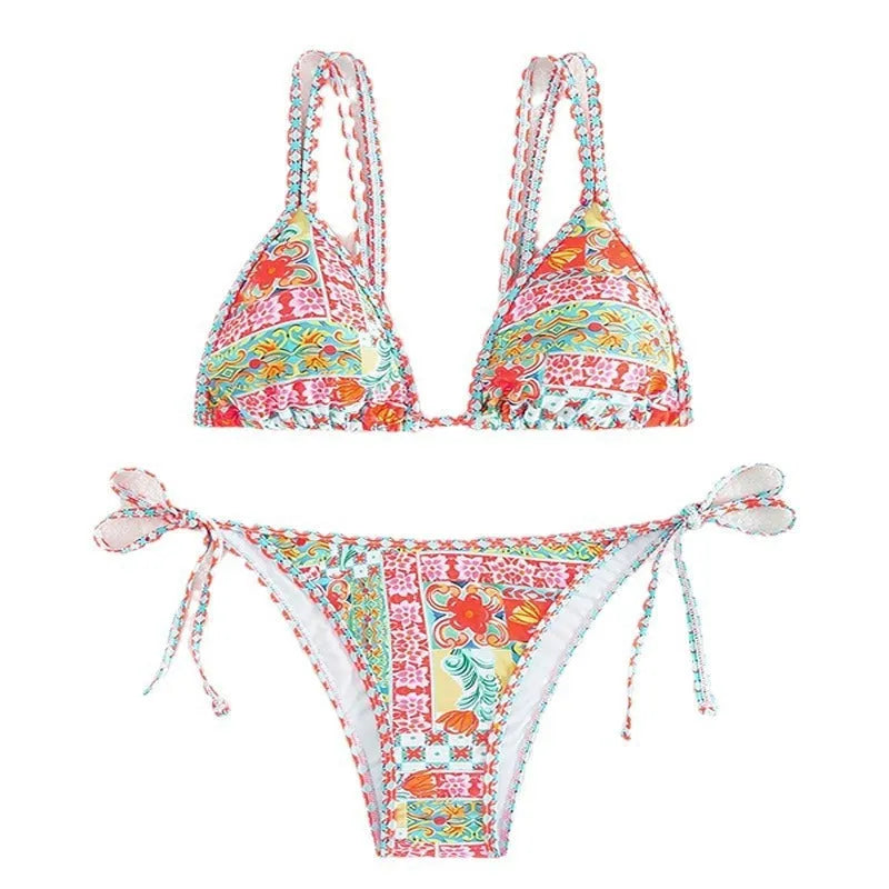 Women's lace-up split bikini swimsuit with backless European styling