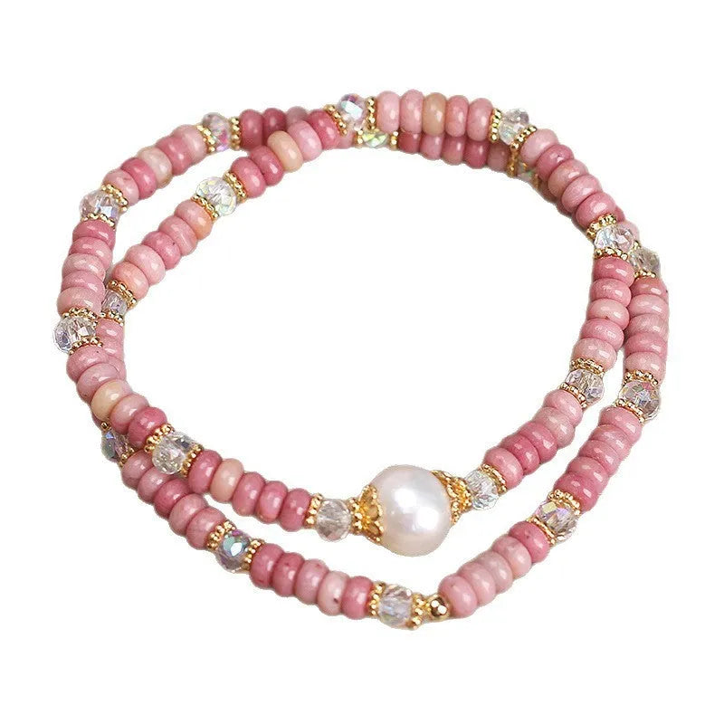 Natural red rhodochrosite and imitation pearl bracelet with chalcedony lotus seedpod pendant for women