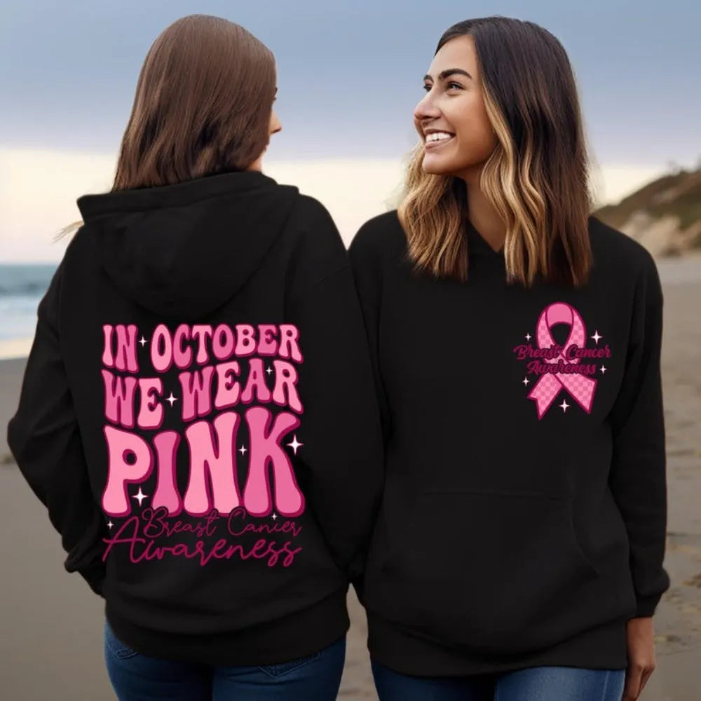 Pink Breast Cancer Awareness pullover hoodie with side seam pockets and hot stamping decorative elements