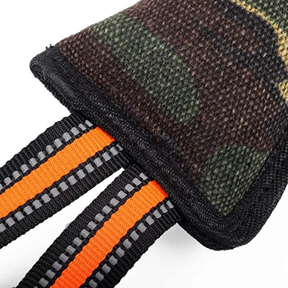 Yellow-edged jute rope dog training bite stick showing reflective material and approximately 55cm length