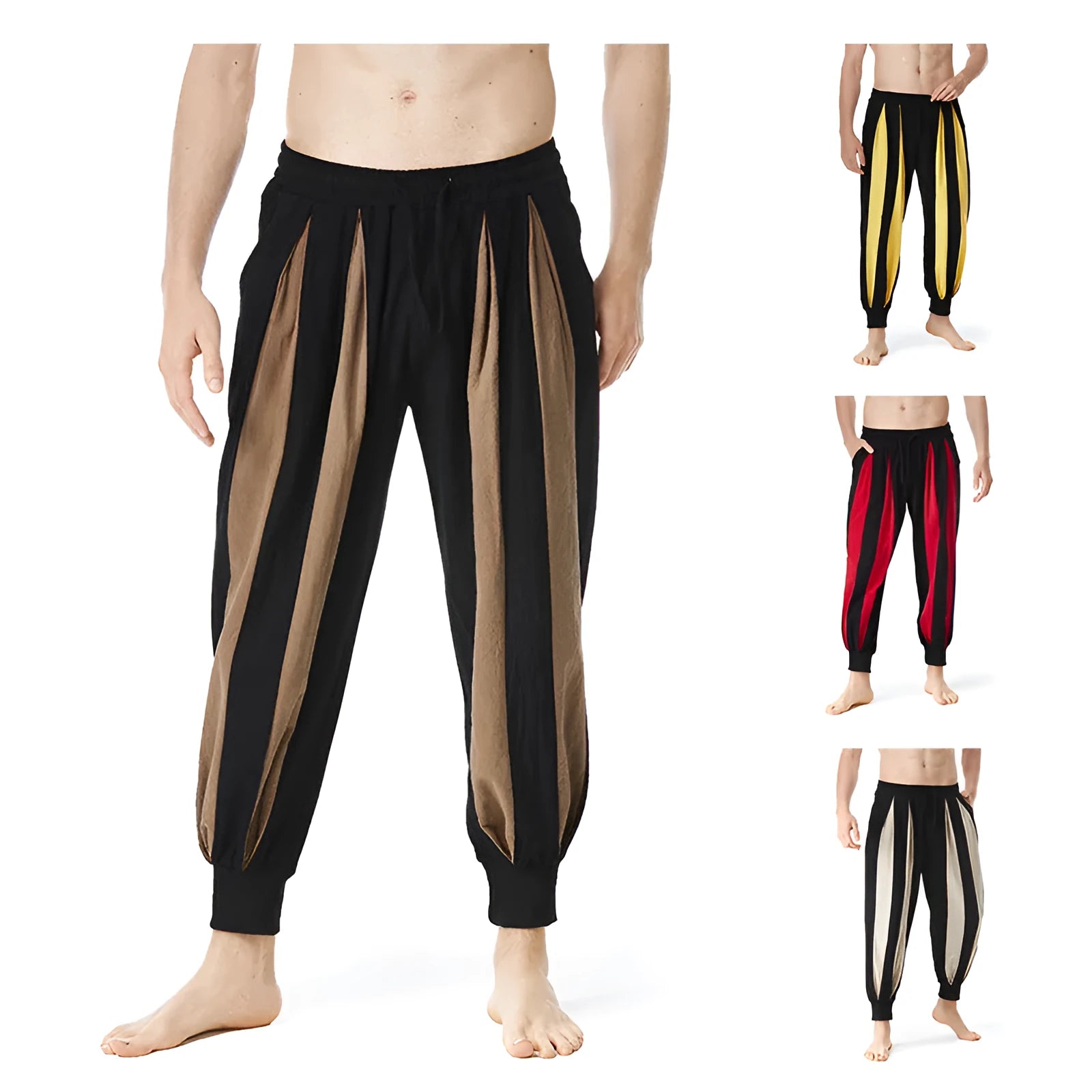 Men's straight-leg casual trousers in brown, shown laid flat.