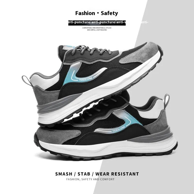 Men's low-top lace-up work shoes in suede and mesh with a plastic steel toe cap.
