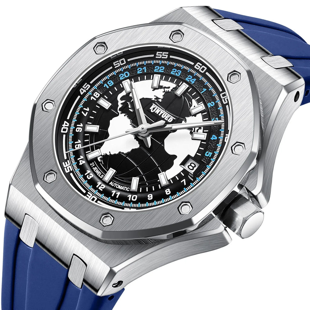 Automatic men's hollow mechanical watch with stainless steel strap and round alloy case on a white background