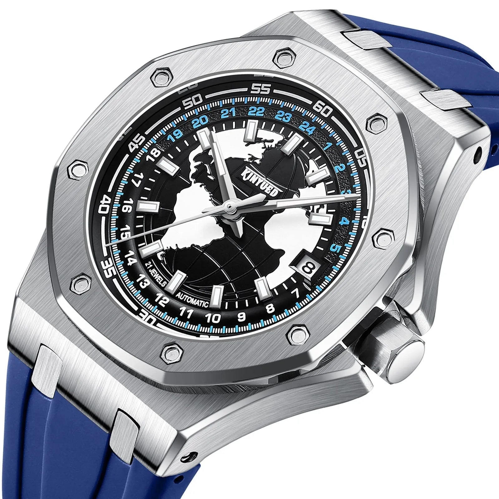 Automatic men's hollow mechanical watch with stainless steel strap and round alloy case on a white background