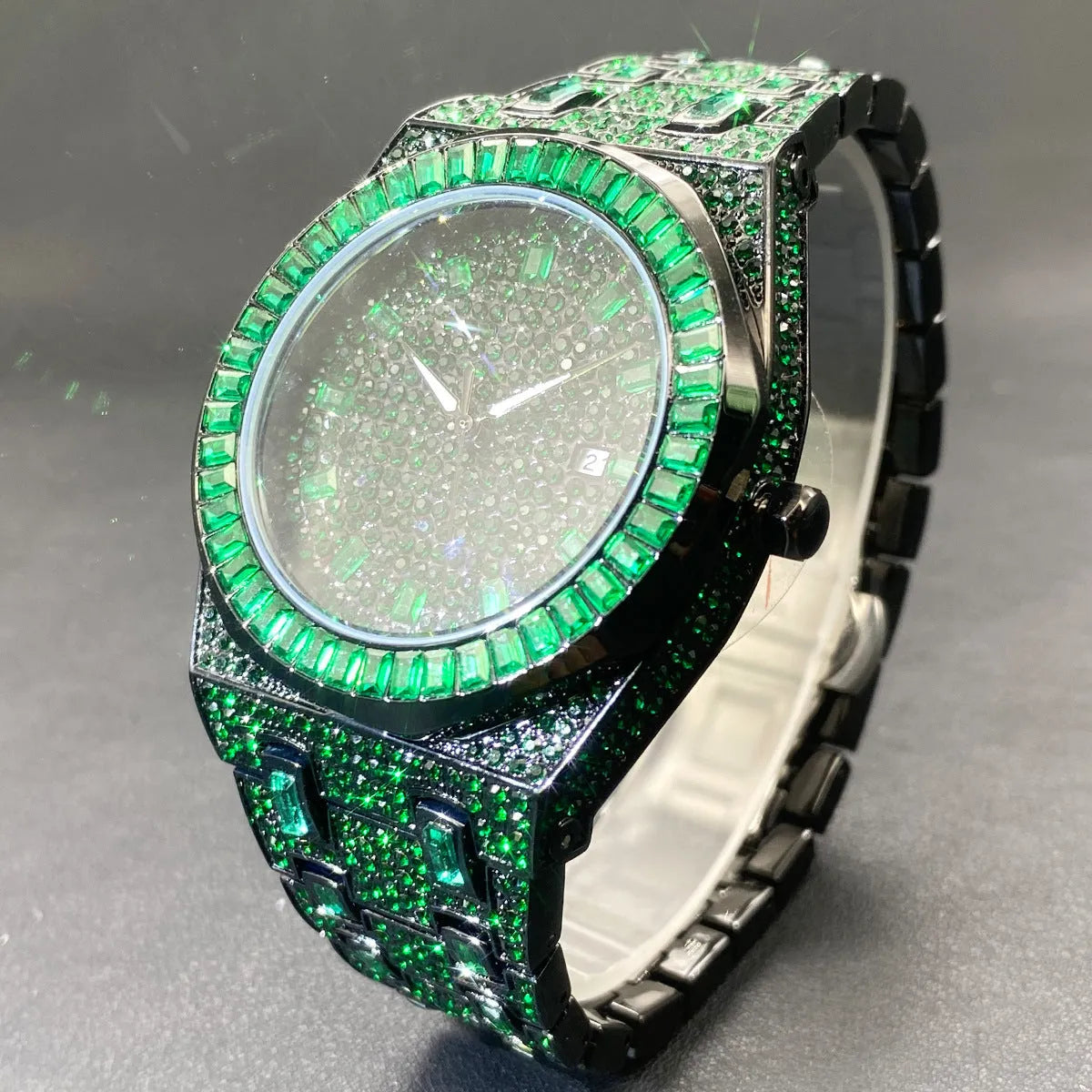 Men's green full rhinestone hip hop quartz watch with 13mm alloy case