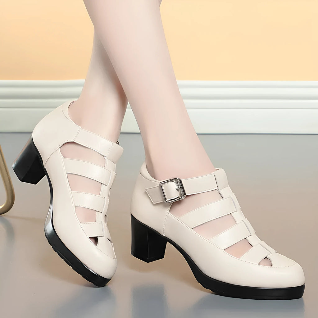 Women's closed toe sandals with chunky woven heels and adjustable ankle straps in black colour