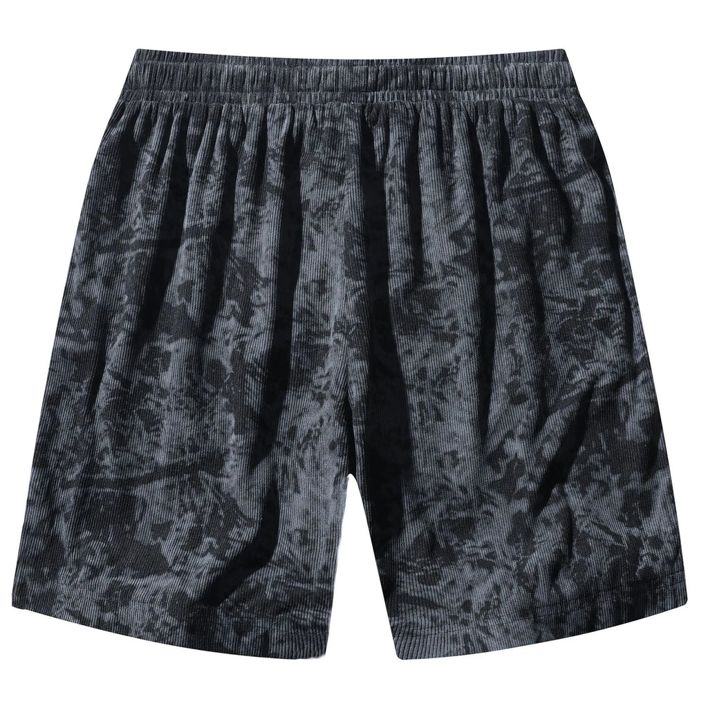 Men's corduroy camouflage shorts with high waist and straight leg cut in black, gray, and white colours