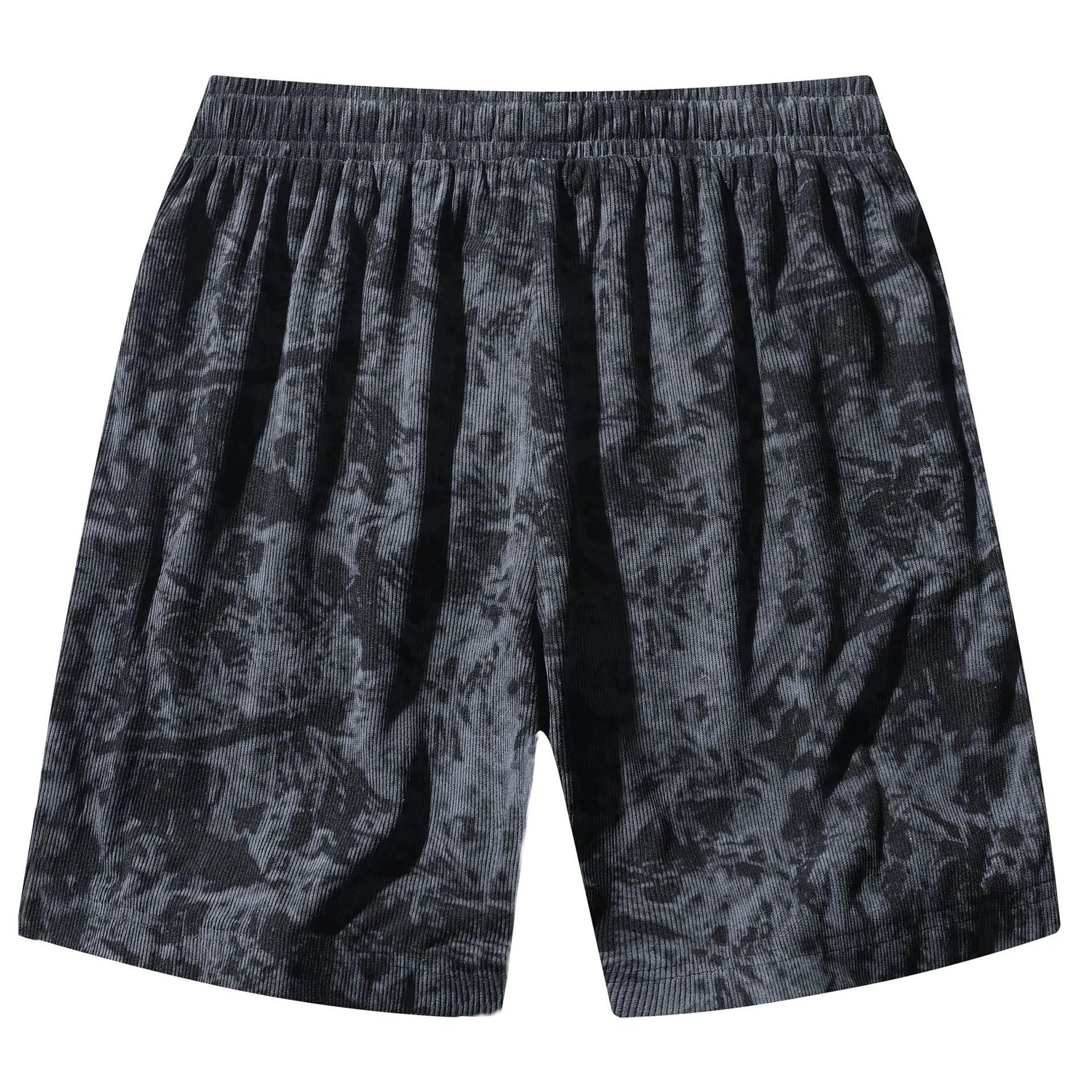 Men's corduroy camouflage shorts with high waist and straight leg cut in black, gray, and white colours