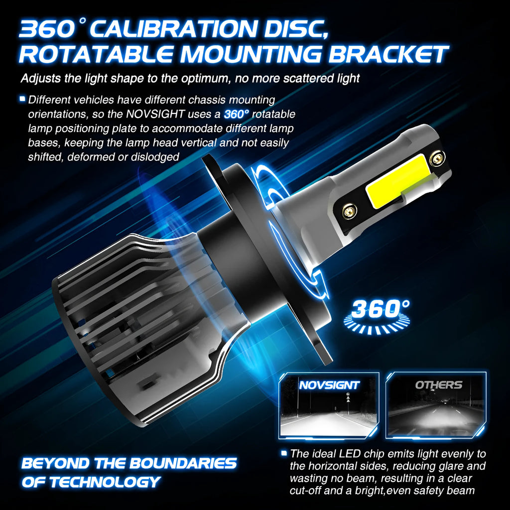 6000K white LED car headlight bulb with adjustable chuck and connector for plug-and-play installation.