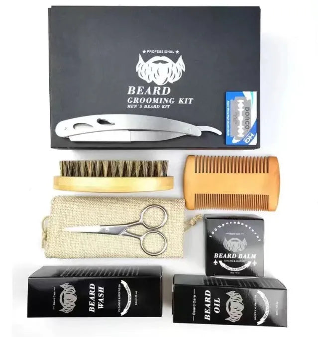 Men's beard grooming kit with beard roller and SPF50 moisturising formula in Suit series packaging