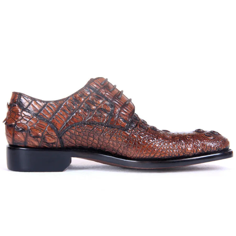 Men's brown crocodile skin leather dress shoes on display, low-top business style
